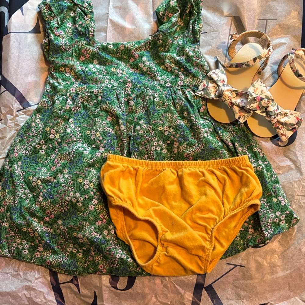 Janie and Jack Green Floral Set with Yellow Bloomers